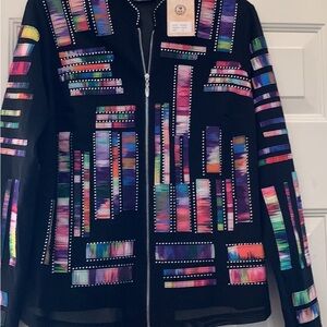 Vecceli Italy Black Jacket with Multicolor Geometric Design